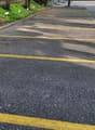 Multiple parking spaces, some labeled, yellow parking lines, trees lining the edge