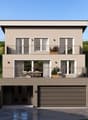 2-story modern house with a beige exterior, large windows, balconies, and a garage on the ground floor.