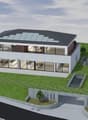 Modern 4 residential houses with solar panels, on raised ground, balcony, driveway, garden
