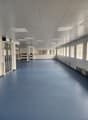 Empty room, white walls, blue floor, many windows, air vents on the walls