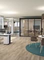 Desks, chairs, modern office interior, windows, large open space
