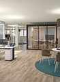 Desks, chairs, modern office interior, windows, large open space