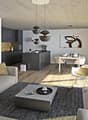 contemporary style, gray couch, coffee table, carpet, floor to ceiling windows, wooden floor, open kitchen, dining table, kitchen island, hanging lamps