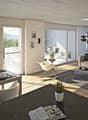 large window, balcony, glass door, sofa, dining table, coffee table, fireplace, rug, books