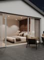 Spacious bedroom with large windows, sliding glass doors leading to a balcony or terrace, wooden accent wall, plush bedding, and comfortable seating area. The night sky is visible through the windows, creating a cozy and relaxing atmosphere.