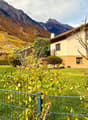 2 story house with brown roof, beige walls, green lawn, trees, plants, fence, view of mountains and vineyards