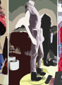 Illustration of fashion clothing and mannequins in a store environment.