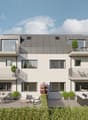 2 story house, white exterior, multiple balconies, modern design, garden area, outdoor seating