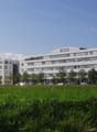2 story office building, white, with many windows, trees, cars parked in the parking lot in front.