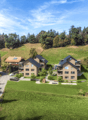 Collection of 6 modern buildings set on a grassy hillside