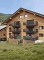 3 story building, wooden exterior, multiple balconies, sloped roof, mountainous surroundings