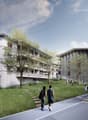 Two residential buildings, modern design, raised ground floor, multiple windows, balconies, green surroundings