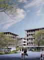 Modern apartment buildings with balconies, surrounded by trees and greenery, with a road and people walking