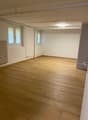 empty room, wooden floor, white walls, two windows, ceiling light, radiator