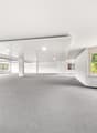 Spacious room with white walls, gray carpet flooring, large windows, ceiling with built-in lights