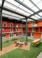 Large open interior space with a grass lawn, wooden seating area, tables, and staircases; orange and red walls with glass doors and windows.