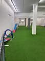 Indoor sports facility with green turf, dog agility equipment, white pillars, wall mounted light fixtures