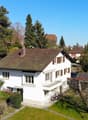 House: white exterior, brown roof, multiple windows, balconies, yard with plants, street light