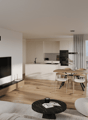 wooden floor, balcony, white and beige furniture, dining table and chairs, TV, round coffee table, curtains, modern design