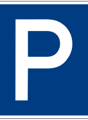 Blue rectangular sign with a white 'P' symbol indicating a parking area.