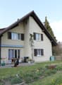 2 story house, beige exterior, brown roof, large windows, garden, patio, dog