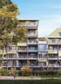 multi-story building, green roof, balconies, glass windows, green walls, plants