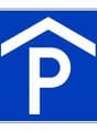 blue sign indicating parking area with a house icon on it