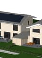 2 story house with solar panels, 2 balconies, garage, outdoor seating, green lawn
