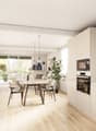 Dining room, kitchen, large windows, wooden floor, modern furniture, kitchen appliances