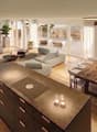 open plan living and dining area, large windows, wooden floor, modern furniture, balcony, large painting, plants