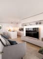 Modernes, lichtdurchflutetes Wohn- und Esszimmer mit offener Küche.