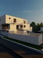 Two story house, modern design, white exterior, balconies on upper level, driveway