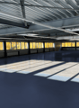 empty room, steel ceiling, blue floor, large windows, sunlight