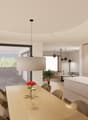 dining area, wooden table, chairs, large windows, sliding glass door