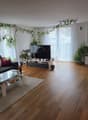 Living room with wooden floor, large windows, couch, coffee table, TV, plants, rug, piano, dining table, chairs