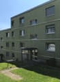Apartment building, green exterior, multiple windows, entrance with canopy, small garden in front
