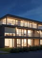 modern 2-story house, large windows, wooden facade, balconies, open landscape view