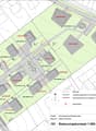Building plot with various reserved areas, a building line, and a building for sale.
