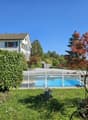 Swimming pool, trees, house, blue sky, grass, small hedges, rustic object