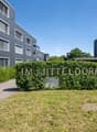 Modern apartment building with gray exterior, multiple windows, and a sign reading 'IM MITTELDORF'. The entrance is flanked by hedges and a fire hydrant. The pathway leads to the building with a clear blue sky in the background.