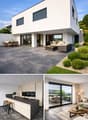 Modern white house, large windows, patio, dining table, kitchen island, balcony, sliding glass doors, view