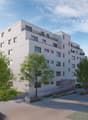 4 story apartment building, white exterior, multiple balconies, parking area, trees, shrubs