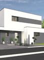 Two-story modern house with a flat roof, white and gray exterior, large windows, and an attached garage. The house is surrounded by landscaping with trees and shrubs.