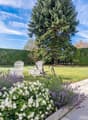 well-maintained garden with lawn, shrubs, and two white chairs
