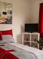 Double bed, red and gray bedding, desk with lamp and book, TV on stand, window with red curtains, potted plant, small shelf with items, picture frame