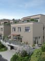 3-story apartment building with gray exterior, large windows, balconies, and a landscaped garden area with trees and shrubs in the foreground