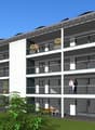 Modern apartment building, 4 floors, solar panels, balconies, white exterior, greenery surrounding the base.