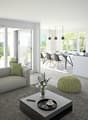 Open-concept living room and kitchen with large windows, grey sofa, green accent pillows, coffee table, dining table and chairs, modern kitchen with white cabinets and countertops, pendant lighting, and access to a balcony or terrace.