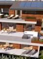 three story house, wooden exterior, solar panels, multiple balconies, outdoor seating area, pool