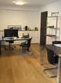 modern office with desks, chairs, shelves, computer monitor, books, potted plants, windows, lamps